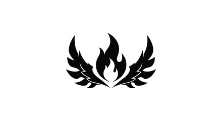 A striking black emblem resembling stylized flames and wings a dramatic visual silhouette