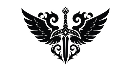 A striking black emblem featuring winged design with a central sword a bold silhouette