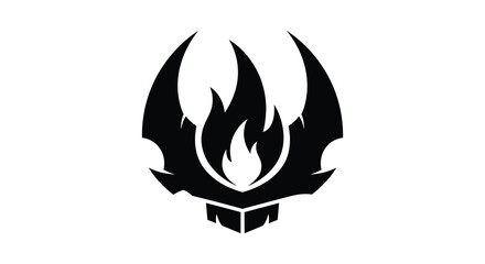 A striking black and white emblem featuring a flame design with a bold silhouette
