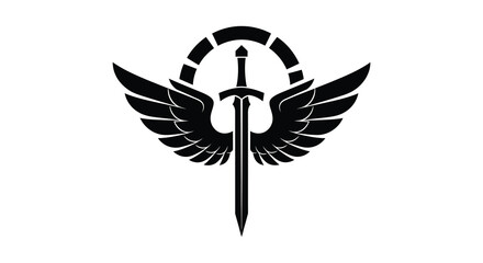 A striking emblem featuring a sword wings and a circular halo all rendered as a silhouette