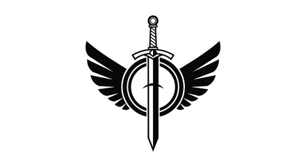 A striking black emblem featuring a winged sword within a circular design a bold silhouette