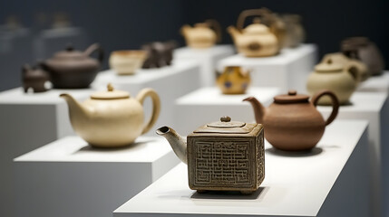 Elegantly displayed teapots in varying styles & earthen tones, each a unique work of craftsmanship, showcasing artistic heritage and refined aesthetics on a clean white backdrop.
