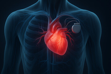 Medical 3D illustration of human heart anatomy with implanted pacemaker device inside transparent chest view