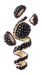 Fresh blackberries with peel spiral and sliced pieces isolated on white background, healthy fruit concept