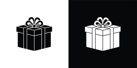 3D Perspective Gift Box Silhouette Set, Black and White Present Icons with Looped Bow