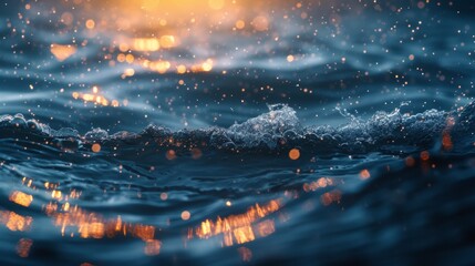 Sparkling golden light on a dark blue ocean wave. Close-up of shimmering water with a bokeh effect at sunset. Abstract nature background
