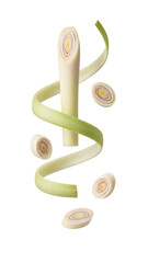 Fresh lemongrass herb with sliced pieces isolated on black background, perfect for cooking and herbal remedies