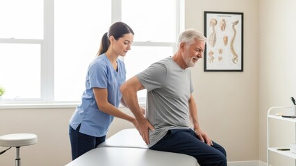 Obraz premium A young Hispanic woman assists a senior Caucasian man with back pain in a clinical setting. The man sits on a treatment table, showing discomfort.