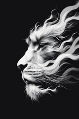 Abstract black and white illustration of a lion's head in profile. Fantasy art with a mane of flowing smoke. Concept of power, strength, and spirit