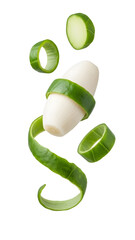 Fresh peeled daikon radish with green peel spirals isolated on white background, perfect for healthy recipes and cooking visuals