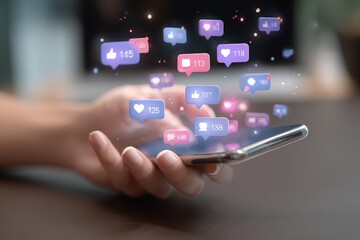 Hand holding smartphone displaying floating social media notifications in a modern workspace setting during daytime hours, showing engagement and connectivity