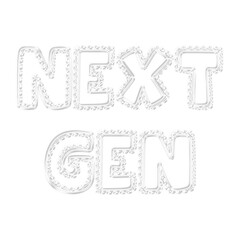 Glossy 3D white Next Gen typography text for technology advancement, future gaming, and upgraded models