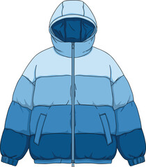 Cartoon puffer jacket with hood in blue gradient, quilted winter outerwear design, flat vector illustration © MDSHISHIRHASAN