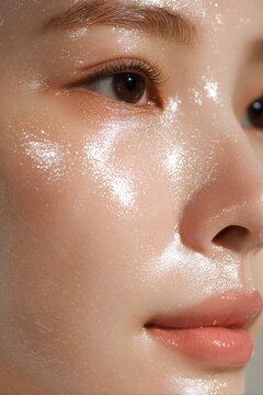 Primer plano de mujer asi&aacute;tica con piel h&uacute;meda y brillante, concepto de hidrataci&oacute;n profunda y bienestar facial, Macro de rostro joven con efecto 'Glass Skin' ideal para publicidad de s&eacute;rums y cremas