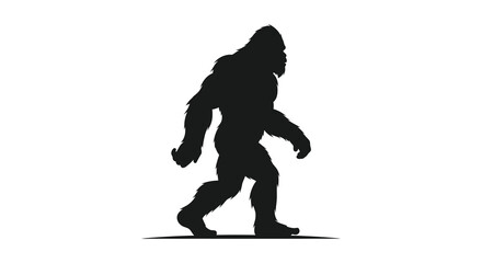 A striking black shape depicts a large walking primate in a dynamic pose silhouette