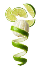 Fresh peeled lime with spiral peel and sliced lime wedges isolated on white background, perfect for cocktails or cooking