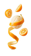 Fresh peeled orange with spiral peel and sliced halves floating on black background, healthy citrus fruit concept