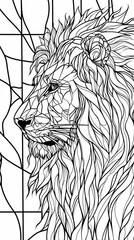A decorative line art illustration of a lion's head in profile. Vertical black and white drawing with a stained glass and mosaic pattern