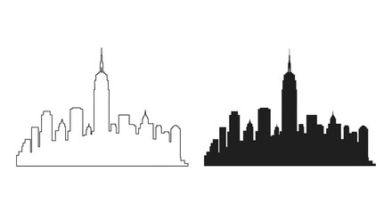 Contrasting city skylines presented with a delicate outline and a bold black silhouette © Pvect02
