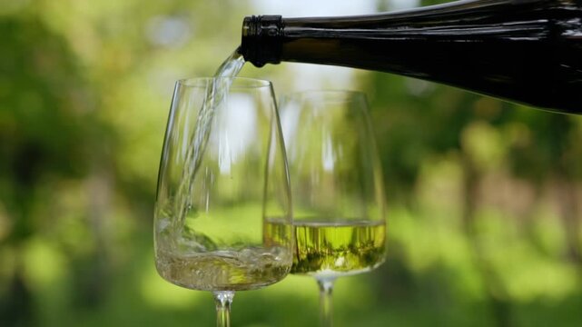 Pouring white wine into glasses, tasting outside in the vineyard