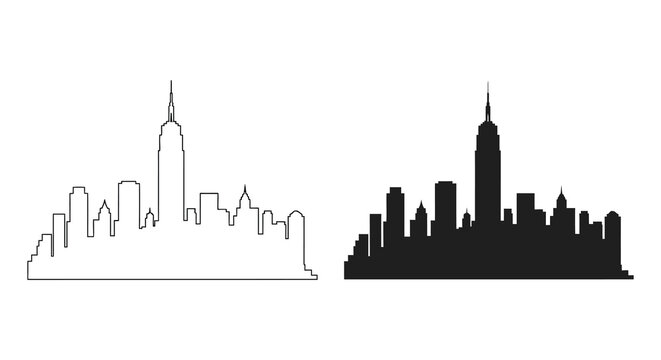 Contrasting city skylines presented with a delicate outline and a bold black silhouette