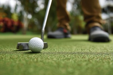 Obraz premium Man prepares to putt a golf ball on a well-maintained green at a golf course under clear skies during an afternoon game