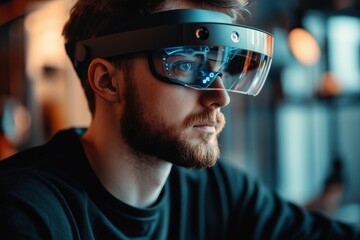 A man wears a virtual reality headset and looks intently forward into a digital world.