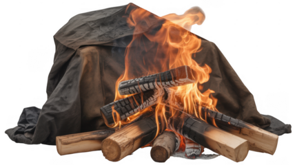 Fire burning on logs with a black cloth flames wood isolated on a transparent background