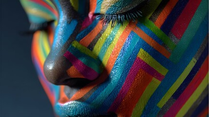 Obraz premium Vibrant Face Art - A Colorful Geometric Design on Human Skin, Artistic Expression.