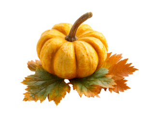 Yellow squash with autumn leaves on white