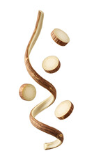 Isolated curly wood shaving and wood slices floating with shadows, woodworking material and craft supplies