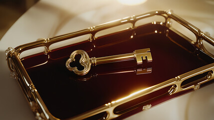 A golden key resting on a luxurious, ornate tray. The reflections create an illusion of depth and grandeur. A symbol of possibilities and unlocking potential.