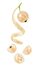 Fresh white currant berry with a long curly peel and three sliced pieces isolated on white background, perfect for healthy food recipes