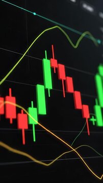 Dynamic stock market analysis with vertical charts. Traders analyze price movements and investment trends. Green and red candlestick patterns highlight volatility.