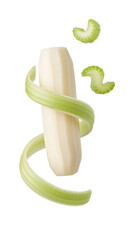 Peeled celery stalk with curly green peel spiraling and sliced pieces isolated on white, fresh vegetable closeup