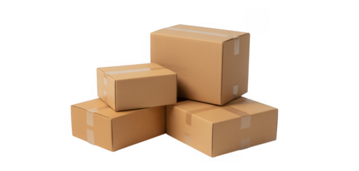 Four brown cardboard boxes stacked on of each other packages isolated on a transparent background