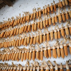 Drying corn after harvesting. Corn drying conventional. Beautiful Ripe yellow corn on dry husk Rural farm natural organic concept