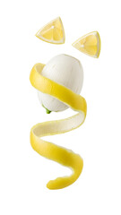 Peeled lemon with long peel spiral and two lemon wedges on white background, fresh citrus fruit, perfect for healthy recipes
