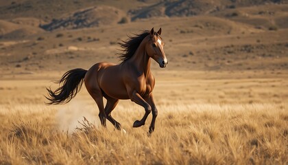 Obraz premium Magnificent brown horse galloping across the expansive plains