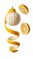 Peeled orange with spiral peel and two orange slices isolated on white background, fresh citrus fruit concept, perfect for healthy eating and food designs