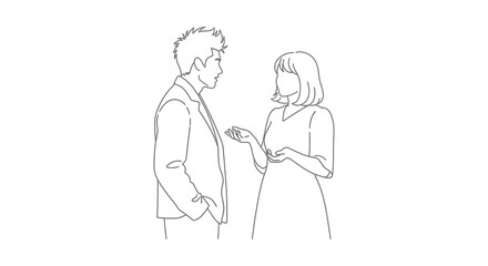 A simple line drawing depicts a man and woman engaged in conversation a striking silhouette