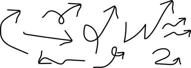 Arrow drawn hand vector line icon set. Hand drawn brush chalk stroke arrow curve, thin pencil scribble shape with vintage charcoal crayon texture. Doodle up down arrow symbol. Vector illustration