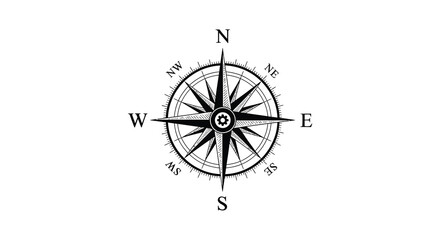 Detailed nautical compass rose illustration showing cardinal directions a classic navigational tool silhouette