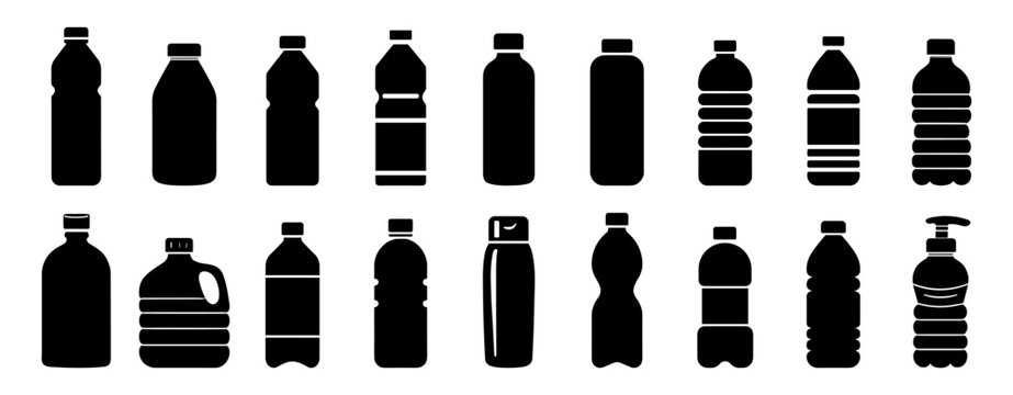 Plastic bottle icons set in black and white flat style. Various drink containers collection. Isolated on transparent background.