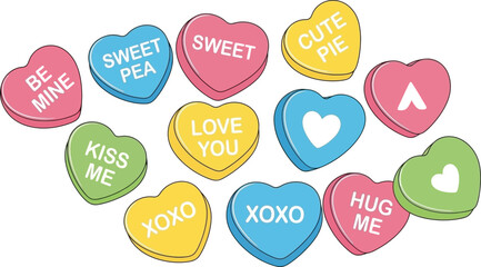 Colorful Conversation Heart Candies Expressing Romantic Sentiments.
