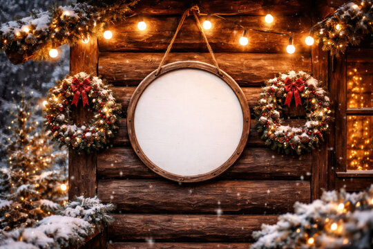 Cozy blank round sign hanging on rustic wooden cabin wall. Festive scene with christmas wreath and warm light creates magical and inviting winter holiday mood