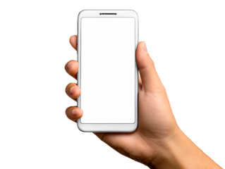 Hand holding a modern smartphone with a blank white screen