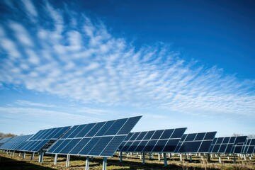 A field of solar panels stands ready to capture sunlight under a bright sky.