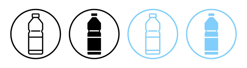 Bottle water icons set in flat, filled and outline style. Editable vector pack with black, white and blue bottles. Isolated on transparent background.