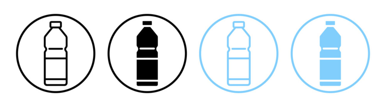 Bottle water icons set in flat, filled and outline style. Editable vector pack with black, white and blue bottles. Isolated on transparent background.